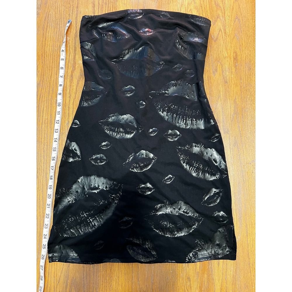 Y2K Hot Kiss Black Foil Lip Print Strapless Bodycon Mini Tube Dress M